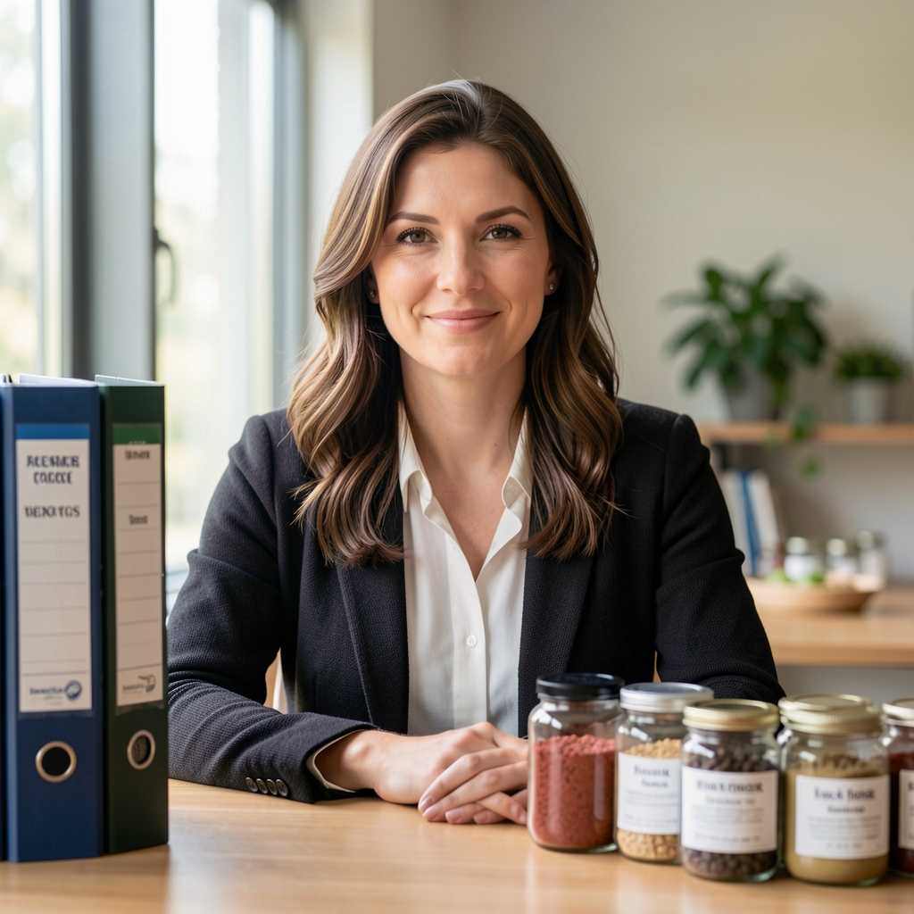 Editorial portrait of a nutrition professional at a desk, surrounded by ingredient reference binders and sample jars, natural window light from the left