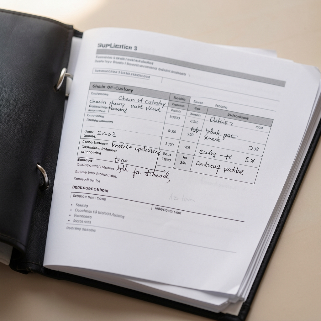 Close-up of an open supplier documentation folder showing printed chain-of-custody records and handwritten annotations in black ink