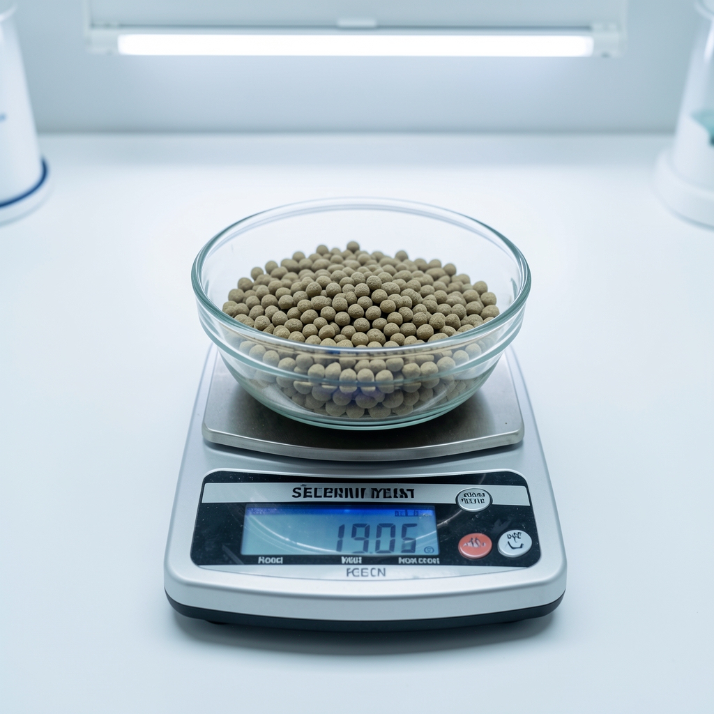 Selenium yeast granules in a glass weighing boat on a precision lab scale, clean workspace with white surface and cool overhead lighting